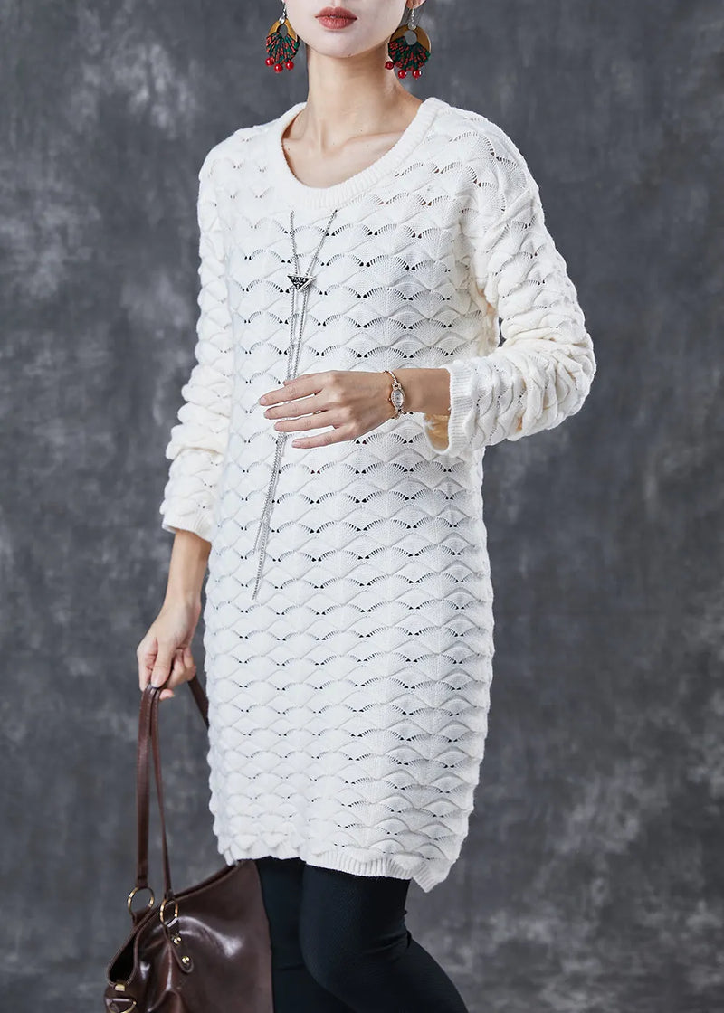 White O-neck Thick Knit Sweater Dress Winter