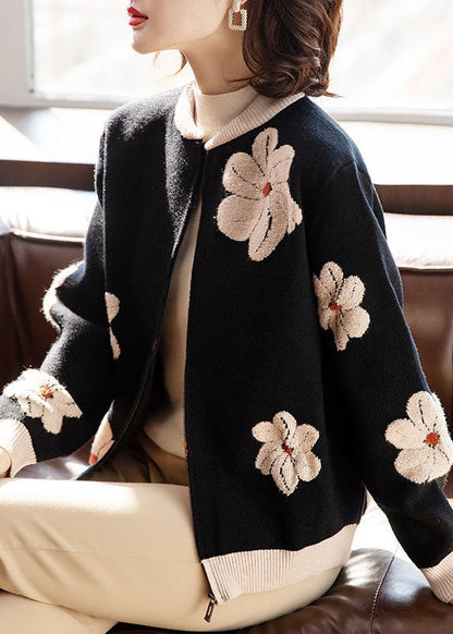 Black Stand Collar Embroideried Woolen Coats Long Sleeve