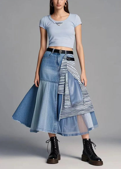 Classy Blue Asymmetrical Patchwork Organza Denim Skirt Spring