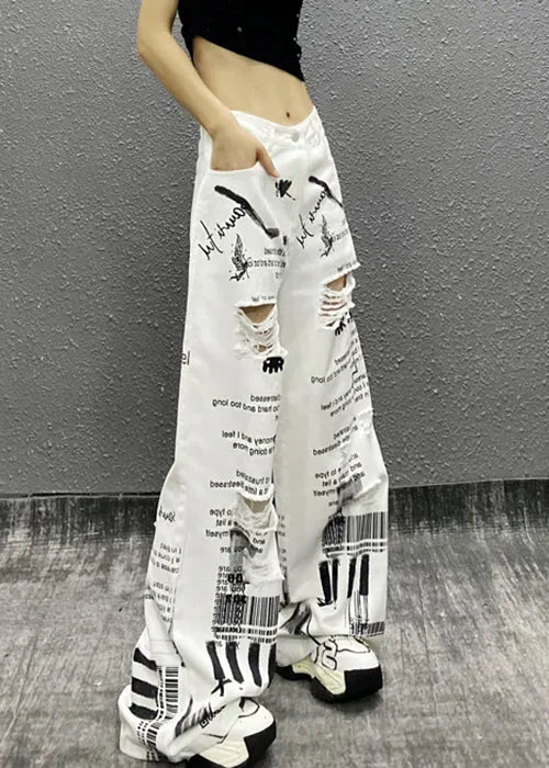 Modern White Print Hole High Waist Denim Wide Leg Pants Summer