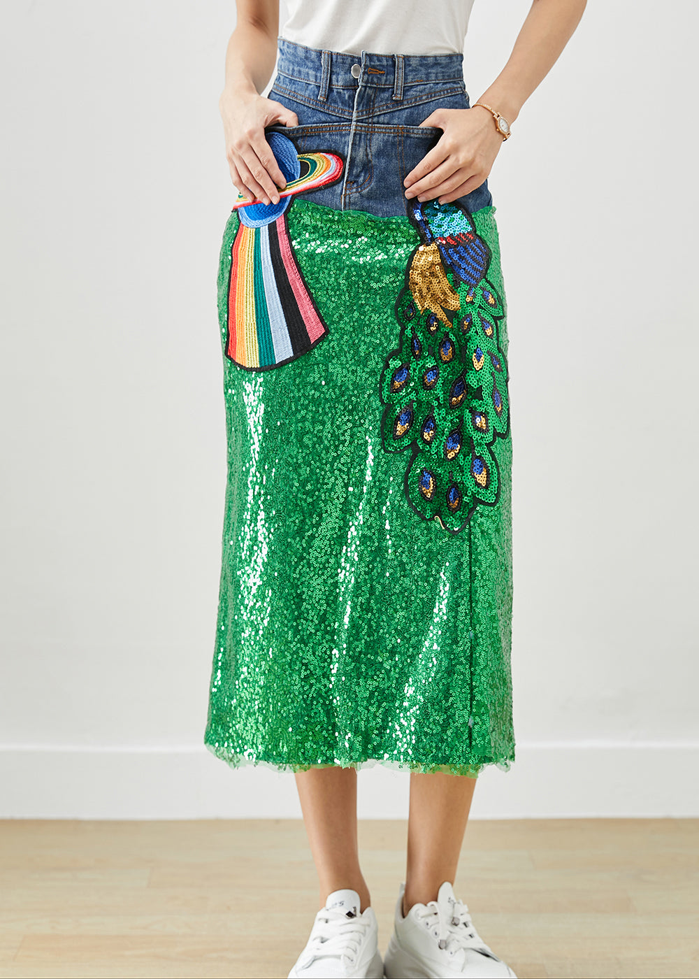 Diy Peacock Embroideried Patchwork Sequins Denim Skirt Fall
