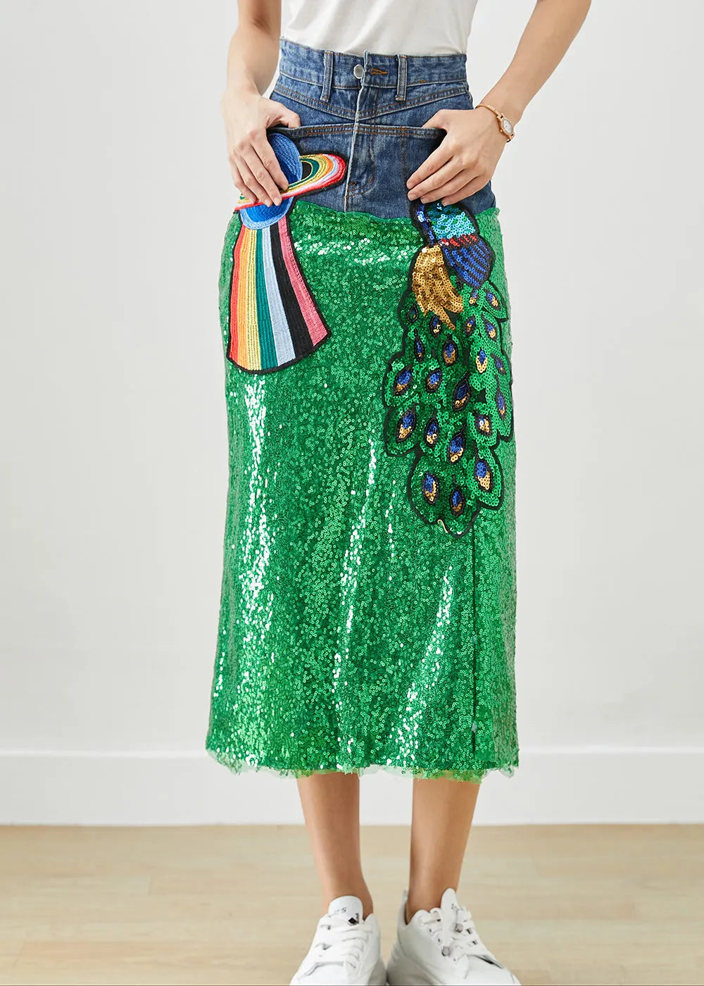 Diy Peacock Embroideried Patchwork Sequins Denim Skirt Fall