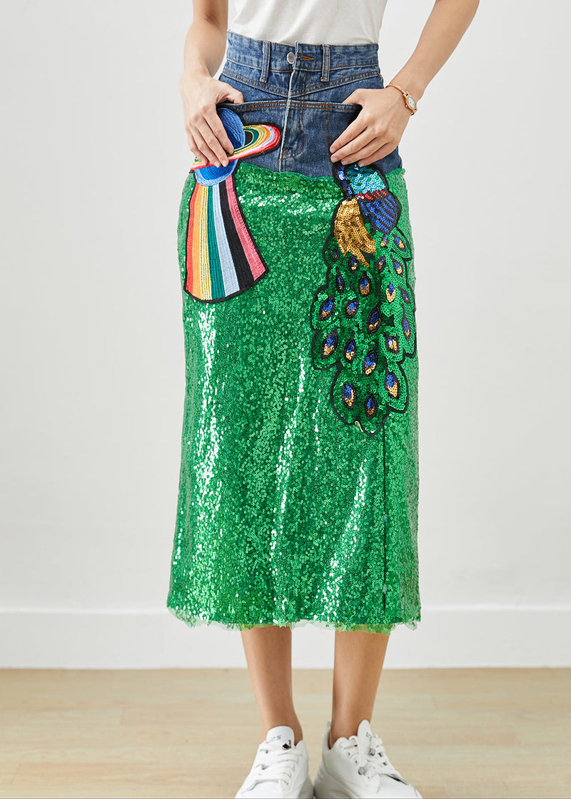 Diy Peacock Embroideried Patchwork Sequins Denim Skirt Fall