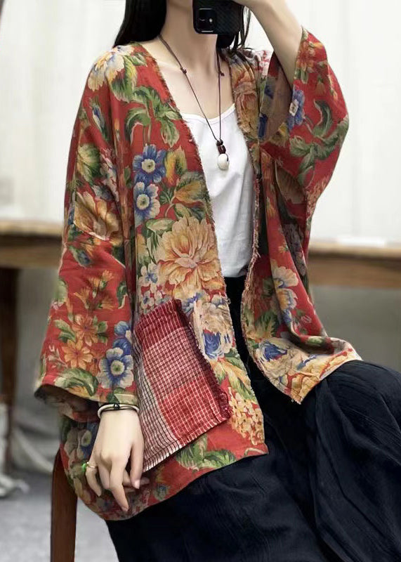 Print V Neck Pockets Cotton Cardigans Batwing Sleeve