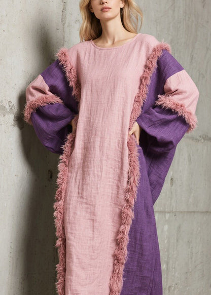 Handmade Colorblock O Neck Fuzzy Fur Patchwork Cotton Dress Fall