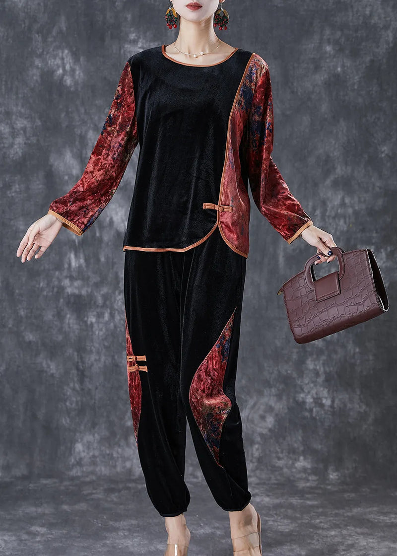 Red Oversized Patchwork Print Silk Velour Two Pieces Set Fall
