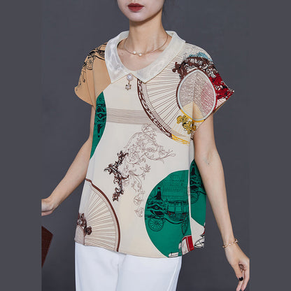 Apricot Peter Pan Collar Print Chiffon Blouse Top Summer