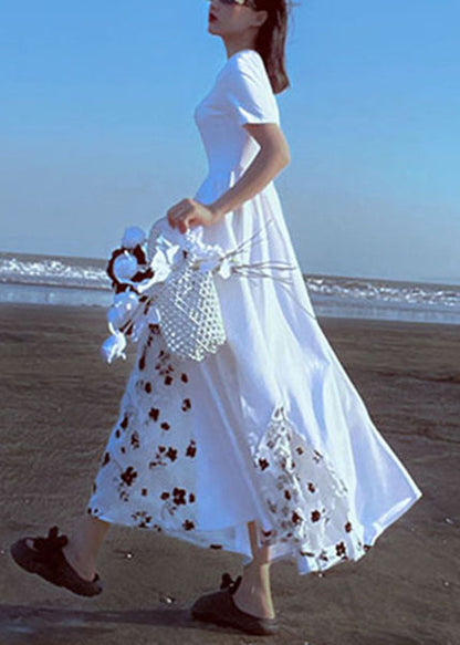Art White Square Collar Patchwork Print Exra Large Hem Silk Long Dresses Short Sleeve
