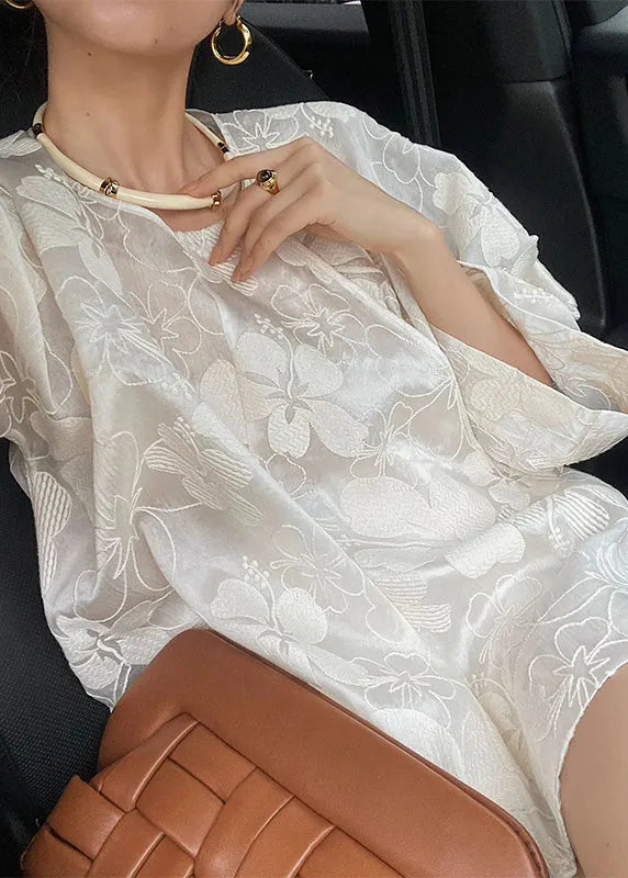 White O-neck Silk Top and Shorts Two Pieces Set Spring