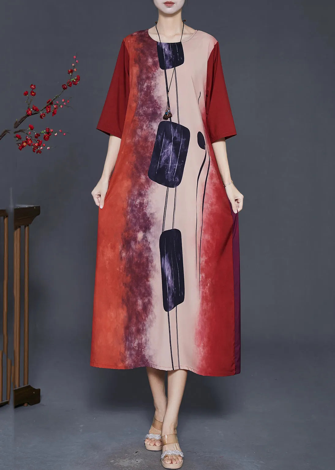 Red Print Tie Dye Silk Long Dress Summer
