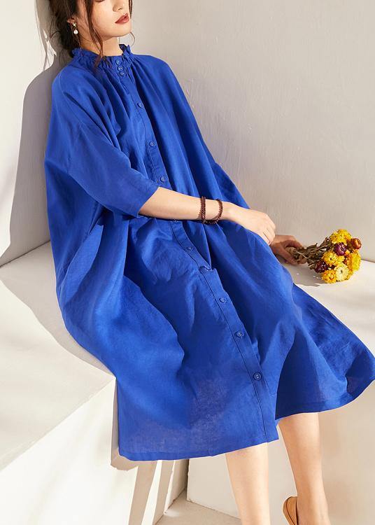 Boutique Blue Wrinkled Summer Linen Summer Dress Half Sleeve