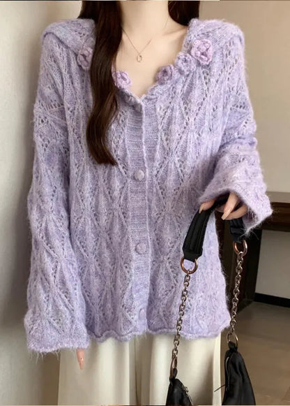 Loose Purple Sailor Collar Hollow Out Knit Cardigans Fall