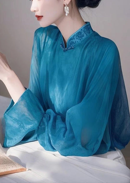 Blue Stand Collar Chiffon Shirts Spring
