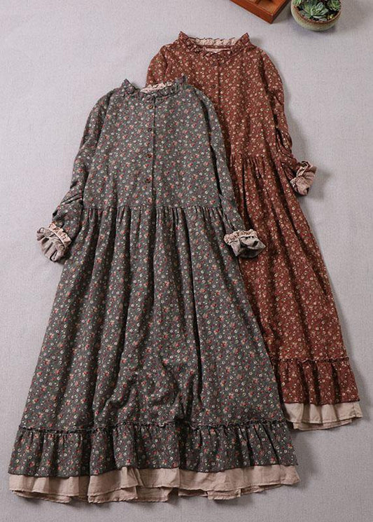 Grey Ruffles Ruffled Patchwork Fall Print Long Dresses Long Sleeve