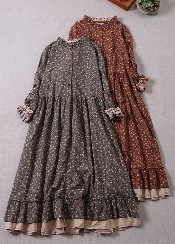 Grey Ruffles Ruffled Patchwork Fall Print Long Dresses Long Sleeve