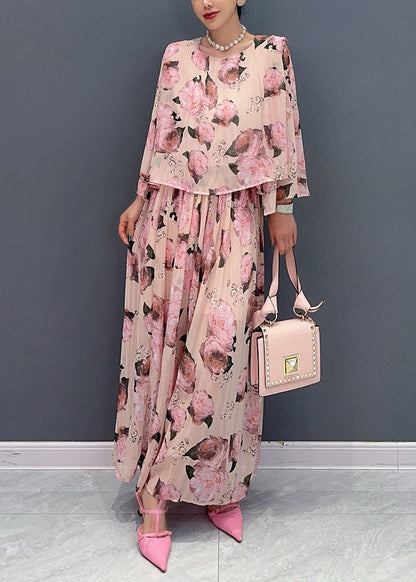 Classy Pink O Neck Print Chiffon Two Piece Set Clothing Summer