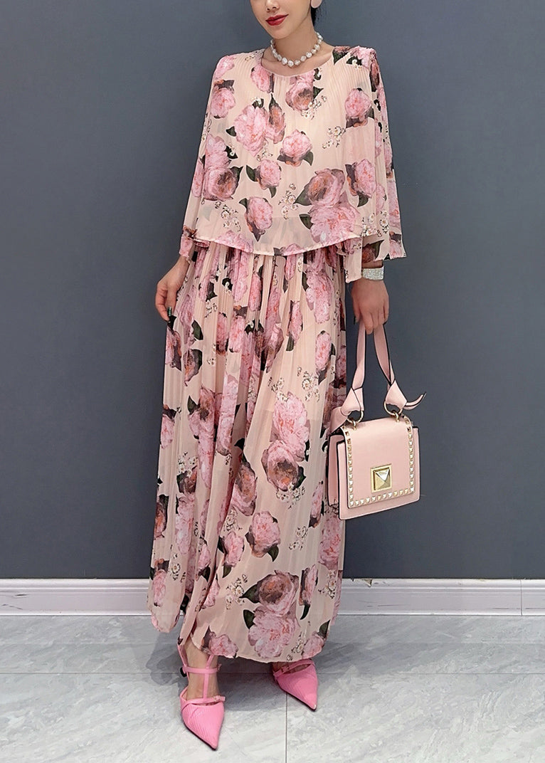 Classy Pink O Neck Print Chiffon Two Piece Set Clothing Summer