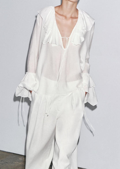White V Neck Ruffled Patchwork Chiffon Top Fall