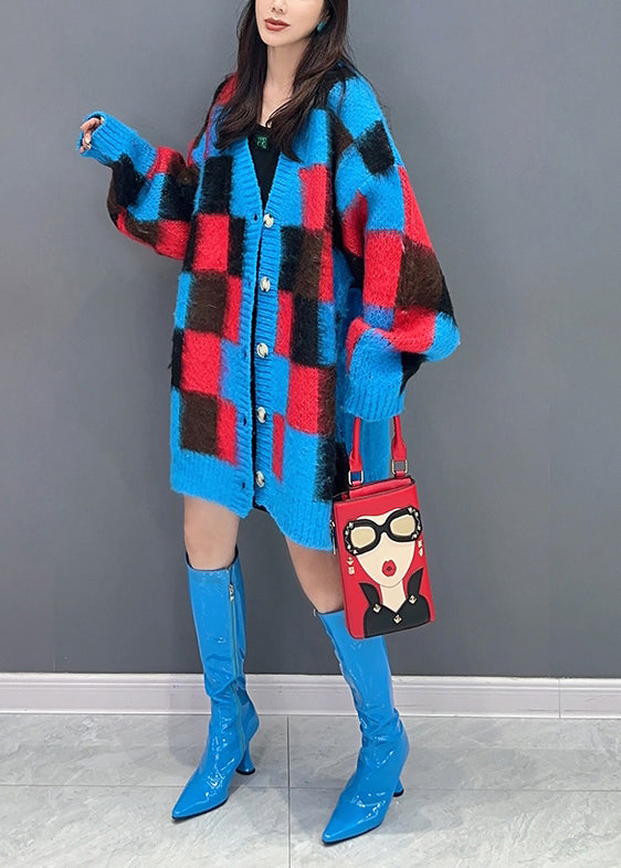 Blue Plaid V Neck Button Patchwork Knit Cardigan Fall