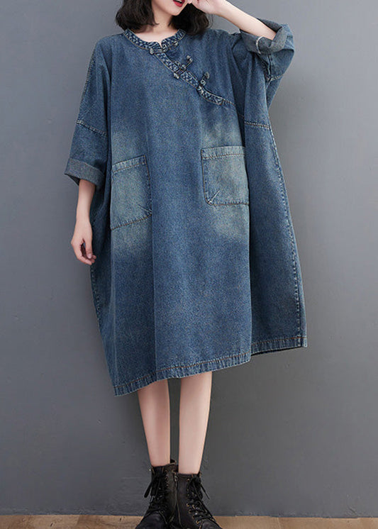 Denim Blue O-neck Patchwork Button Long Dress Long Sleeve