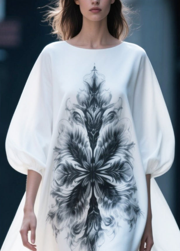 White Oversized Print Chiffon Vacation Dresses Puff Sleeve