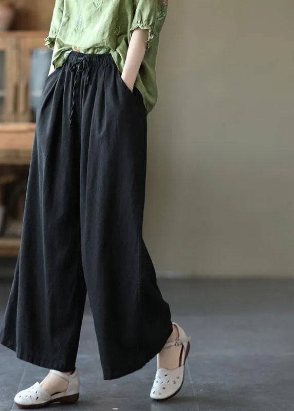 Beige Elastic Waist Tie Waist Wide Leg Pants Linen