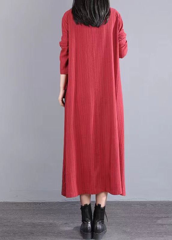 Red Print Pockets Patchwork Cotton Long Dresses Fall