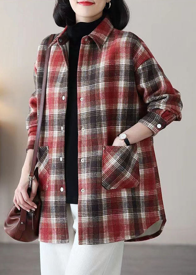 Black Peter Pan Collar Plaid Pockets Patchwork Warm Fleece Thick Shirts Winter
