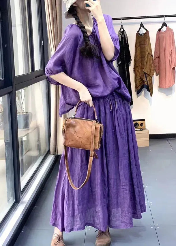 Loose Purple O-neck Tops and Skirts Cotton Two Pieces Set Summer