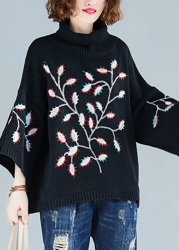 Black Hign Neck Embroideried Knit Short Sweater Spring
