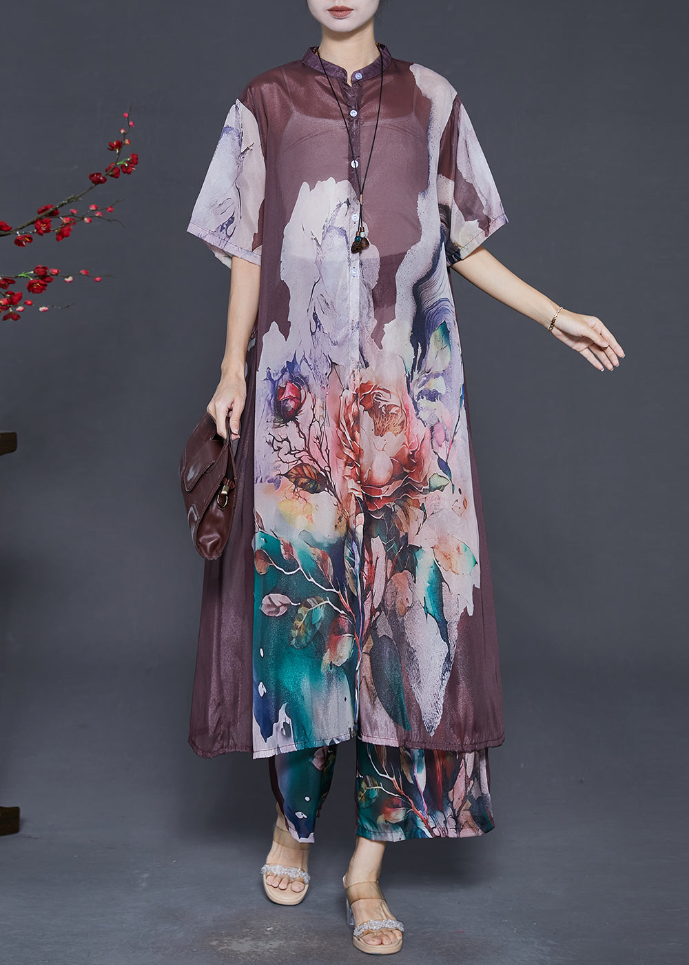 Brown Oversized Print Chiffon Two Piece Set Clothing Summer