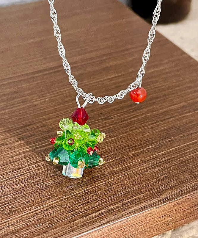 Green Stainless Steel Crystal Christmas Tree Pendant Necklace