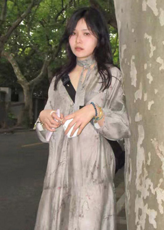 Grey V Neck Print Patchwork Silk Holiday Maxi Dress Long Sleeve