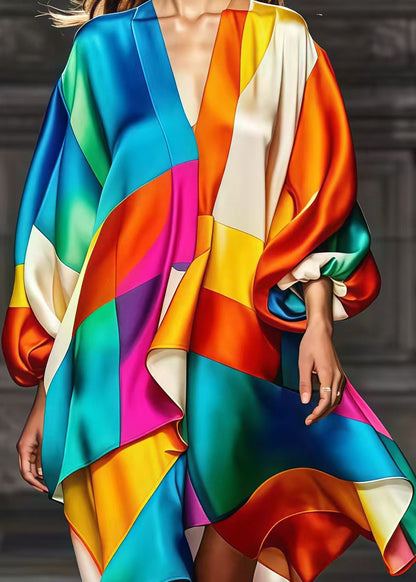 Rainbow Asymmetrical Patchwork Silk Party Dress Spring