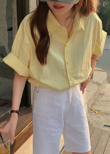 Yellow Button Cotton Summer Shirt Peter Pan Collar