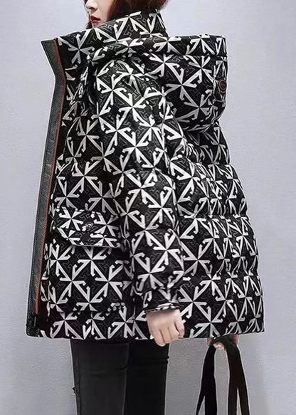 Black Hooded Print Fine Cotton Filled Coats Winter
