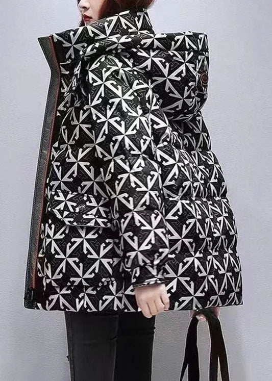 Black Hooded Print Fine Cotton Filled Coats Winter