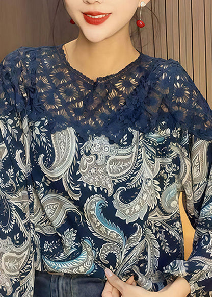 Blue O-neck Print Hollow Out Chiffon Shirt Fall