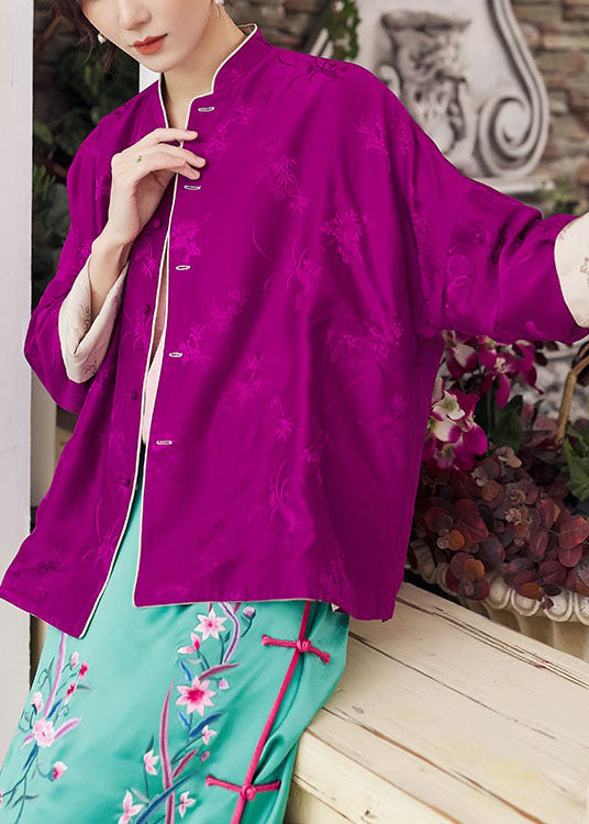 Boutique Colorblock Button Stand Collar Wear on Both Sides Print Silk Coats Fall