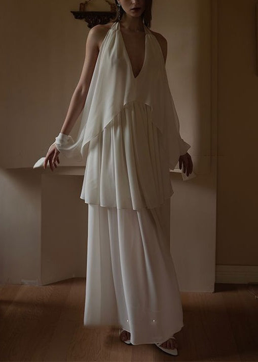 White V Neck Wrinkled Chiffon Dress Sleeveless