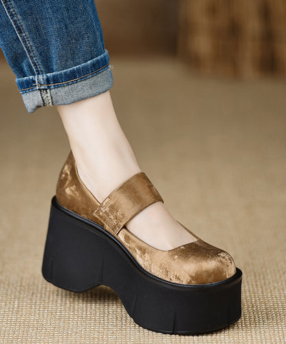 Handmade Buckle Strap Splicing Wedge High Heels Black Silk