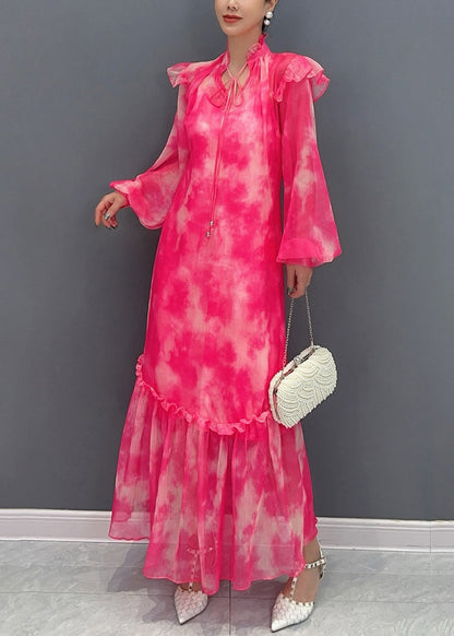 Italian Red V Neck Print Long Dress Lantern Sleeve