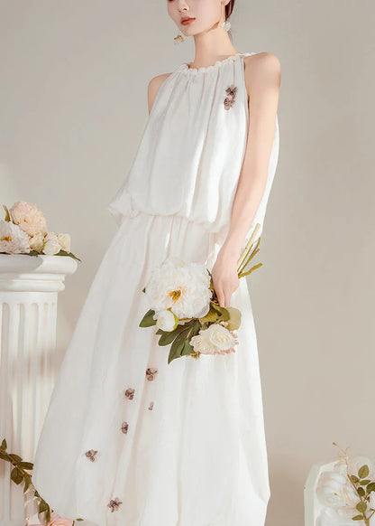 White O-neck Top and Maxi Skirts Two Pieces Set Summer