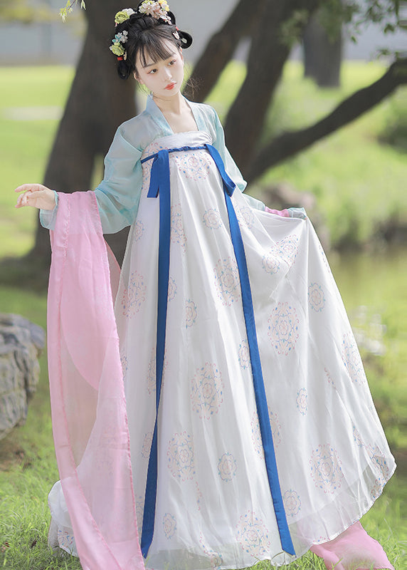 Chinese Style Blue Print Lace Up Patchwork Chiffontwo Pieces Set Fall