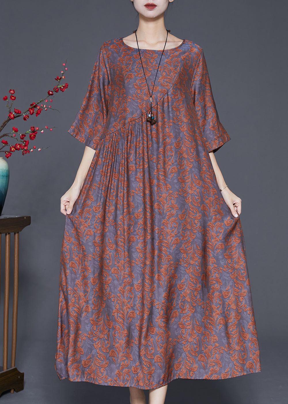 Khaki Oversized Jacquard Long Dresses Half Sleeve