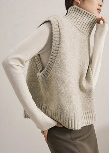 Camel Turtleneck Patchwork Knit Waistcoat Sleeveless