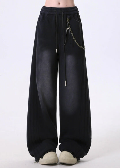 Grey Pockets Patchwork Elastic Waist Cotton Pants Spring
