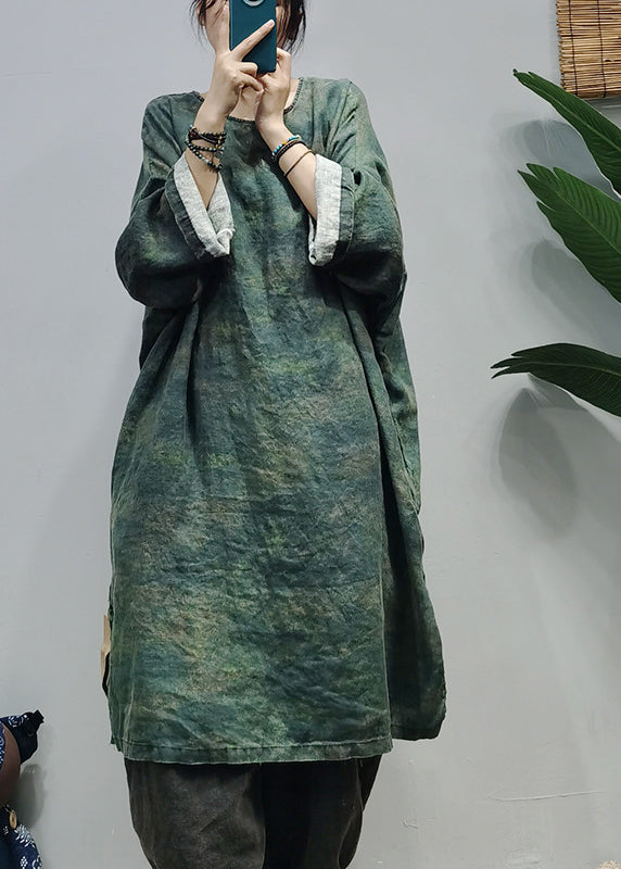 Loose Green O-neck Side Open Linen Dresses Caftan Long Sleeve