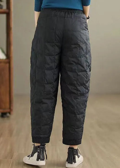 Coffee Plaid Thick Cotton Filled Pants Elastic Waist Winter