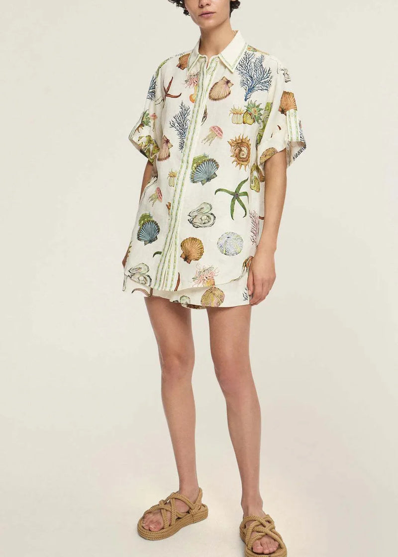 Italian Apricot Peter Pan Collar Shirts and Shorts Two Pieces Set Short Sleeve